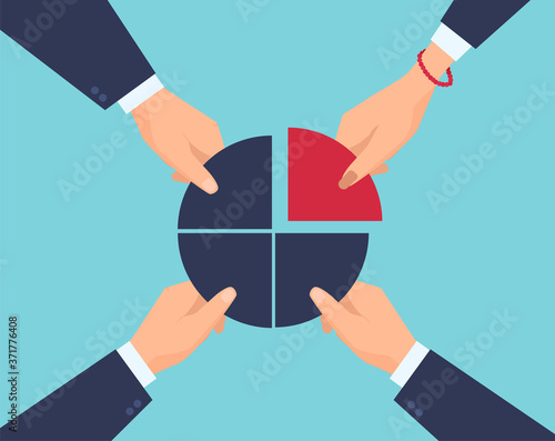 Vector of business people three men and one woman dividing market profits