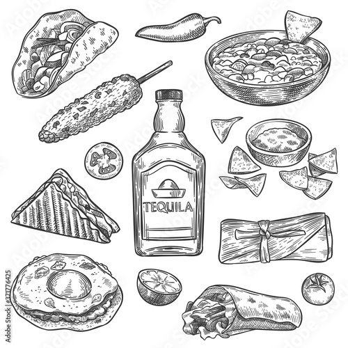 Mexican food. Sketch mexican national drink tequila and traditional food nachos, enchilada and burrito, tacos vintage isolated vector set. Sandwich, corn, tomato and lime for restaurant menu