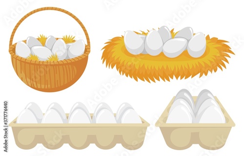 Eggs in nest and basket. Tray of chickens eggs. Open cardboard paper package with organic and natural products for cooking. Farming and agricultural concept for eating vector illustration