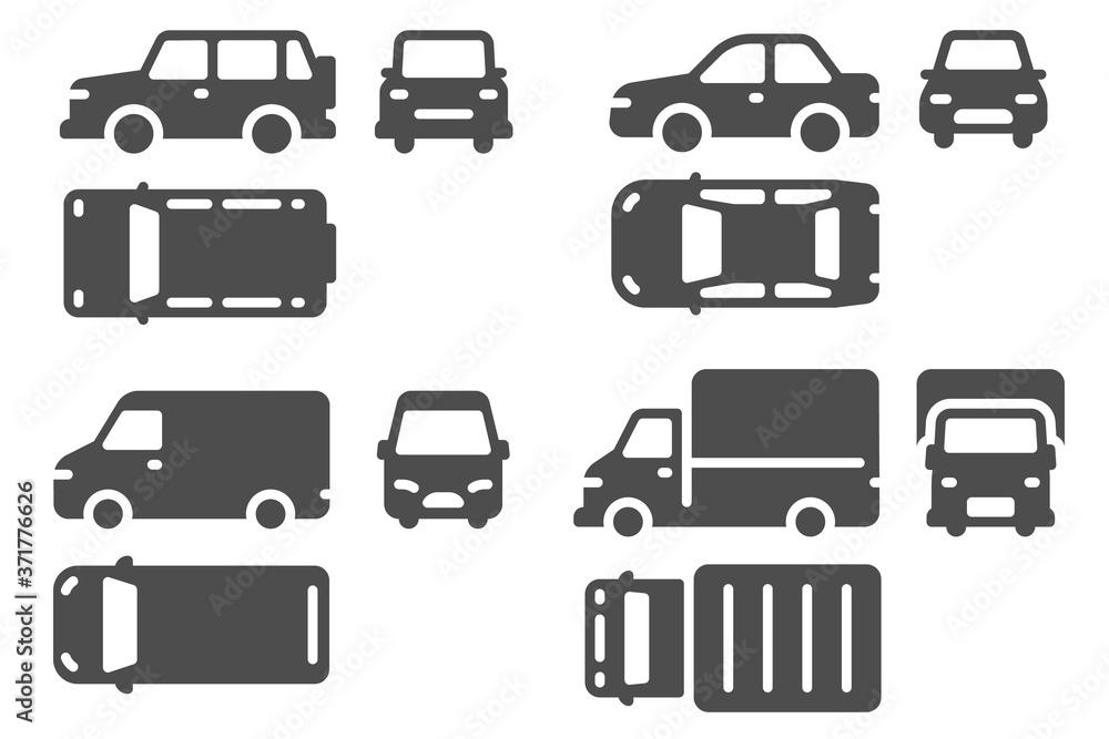 Car top side and front view. Vehicle projection, suv, minibus and truck auto icons for web, ui design outline transportation vector set. Different automobiles signs isolated collection Car top side and front view. Vehicle projection, suv, minibus and truck auto icons for web, ui design outline transportation vector set. Different automobiles signs isolated collection