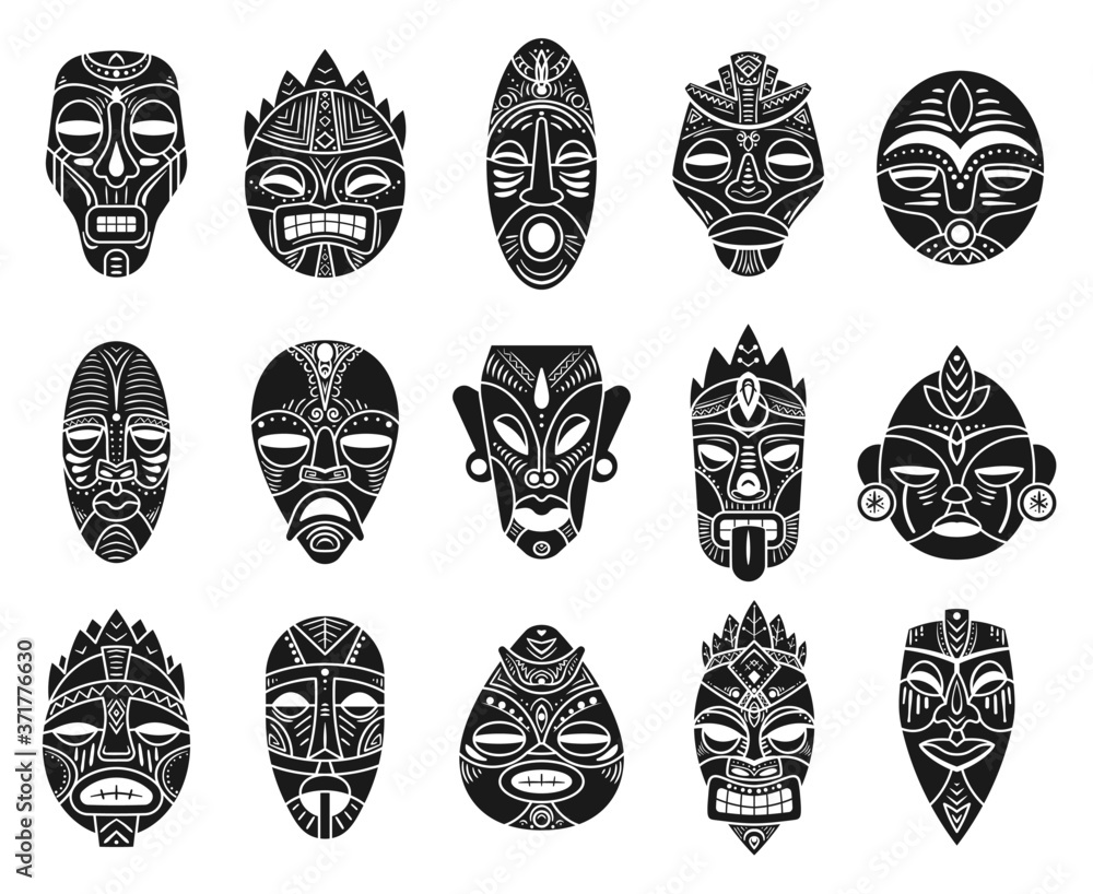 Idol mask. Monochrome black hawaii tiki tahitian ritual totem, exotic