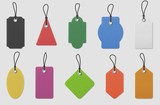 Color paper price tag labels. Realistic colored shopping hanging tags with ropes for pricing marking, message tag mockup, vector set. Blank template collection of triangular, rectangular, oval shape