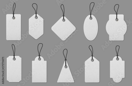 Price label tag cards. Realistic white shopping labels with ropes, hanging tags for marking pricing, vintage paper label mockup vector set. Empty template for gift box or luggage of various shape