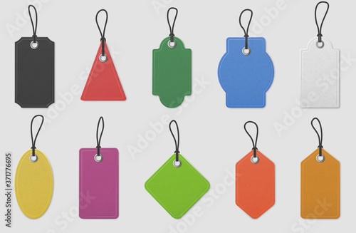 Color paper price tag labels. Realistic colored shopping hanging tags with ropes for pricing marking, message tag mockup, vector set. Blank template collection of triangular, rectangular, oval shape