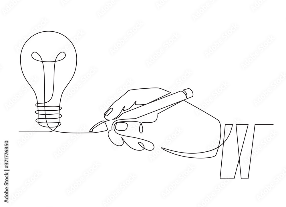 Light bulb idea. Sketch hand with pen drawing one line bulb, invention or creative thinking symbol. New project, brainstorm vector concept. Start up idea, new business creation illustration - obrazy, fototapety, plakaty 