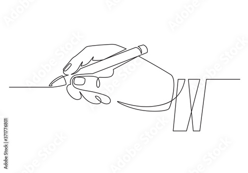 Hand with pen. Continuous one line businessman hand holding pencil and writing straight line. Minimal handwriting line concept. Worker signing contract, putting signature, writing or drawing