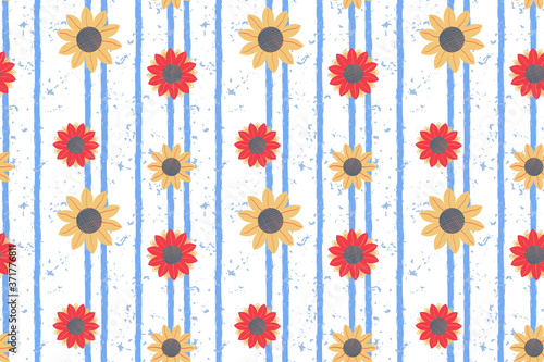 Orange sunflower vector seamless pattern on blue vertical striped textured backdrop. Cute flowers repeated illustration for fabric  textile  cover  wallpaper  wrapping paper  background. EPS 10