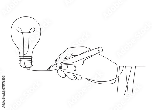 Light bulb idea. Sketch hand with pen drawing one line bulb, invention or creative thinking symbol. New project, brainstorm vector concept. Start up idea, new business creation illustration