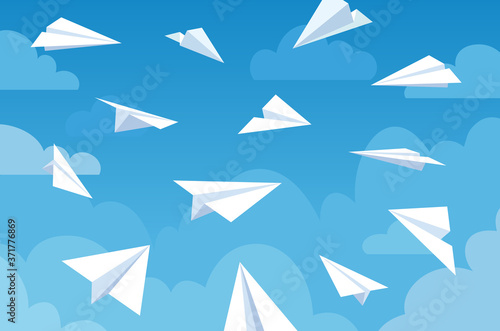 Paper planes in blue sky. White flying airplanes in clouds from different angles and direction. Teamwork, message or travel vector concept. Hitting target, delivering mail. Innovative solution
