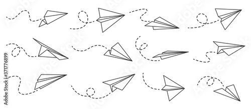 Paper airplane. Outline flying planes from different angles and direction with dotted track, travel or message symbols, linear vector set. Curved route with aircraft for mail delivery photo