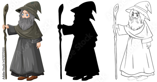 Wizard in color and outline and silhouette cartoon character isolated on white background
