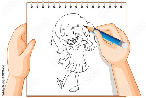 Hand writing of girl smile with braces outline