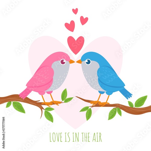 Bird love. Cute birds lovers on branch, romance couple, wedding and valentine day symbol, holiday decoration creative vector concept. Love is in air greeting or invitation card design.