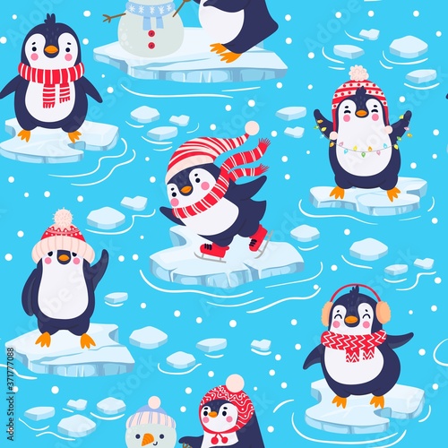 Penguins seamless pattern. Cute baby penguins in winter clothing and hats, christmas arctic animal, kids textile or wallpaper vector texture. Characters standing on piece of ice in cold water
