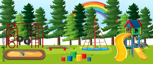 Kids playground in the park with rainbow in the sky at daytime cartoon style photo