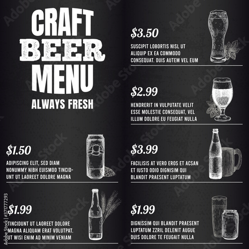 Pub menu. Beer drink menu for restaurant or cafe template design. Glasses, mugs and barrel, bottles sketch vector illustration. Engraved alcohol beverage, can with cone and hop branch