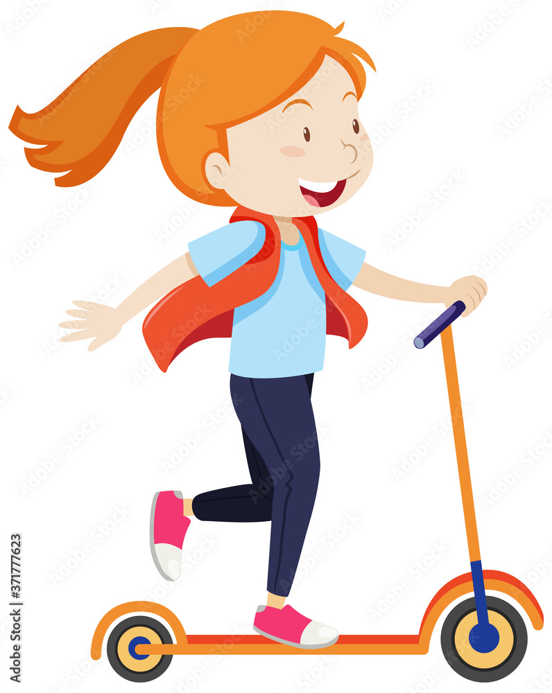 A girl riding on scooter with happy mood cartoon style isolated A girl riding on scooter with happy mood cartoon style isolated