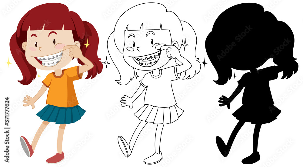 Girl wearing braces with its outline and silhouette Girl wearing braces with its outline and silhouette