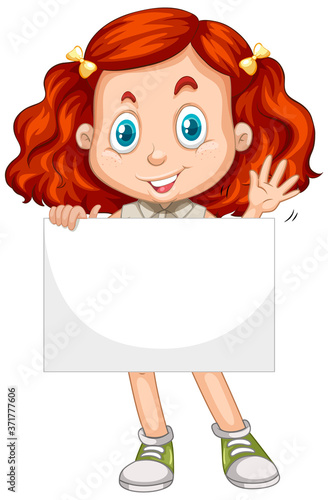 Cute young girl cartoon character holding blank banner