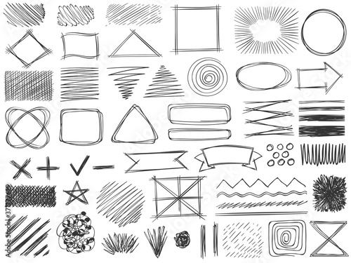 Sketch shapes. Monochrome scribble symbols, drawing pencil frame, stroke and shade, hatched shaded badge round and square shape vector set. Doodle tick, plus and cross, star and arrow