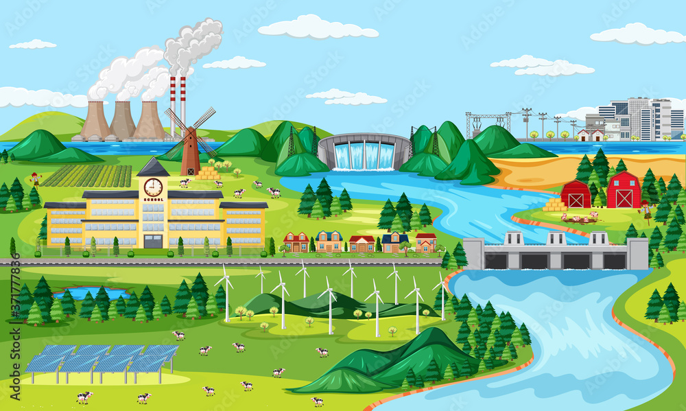 Manufactory and wind turbine and long river scene