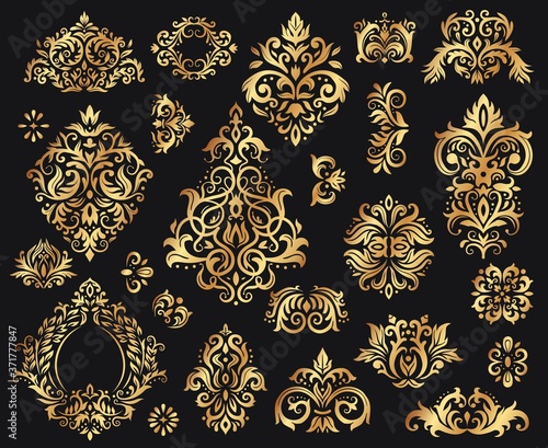 Golden damask ornament. Vintage floral sprigs pattern, baroque ornaments for decoration. Elegant elements for luxury decoration. Royal floral abstract decor on black vector illustration