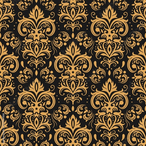 Golden damask pattern. Vintage ornament and baroque elements for decoration. Elegant and luxury design for interior, wallpaper, texture and fabric. Classic abstract background vector illustration