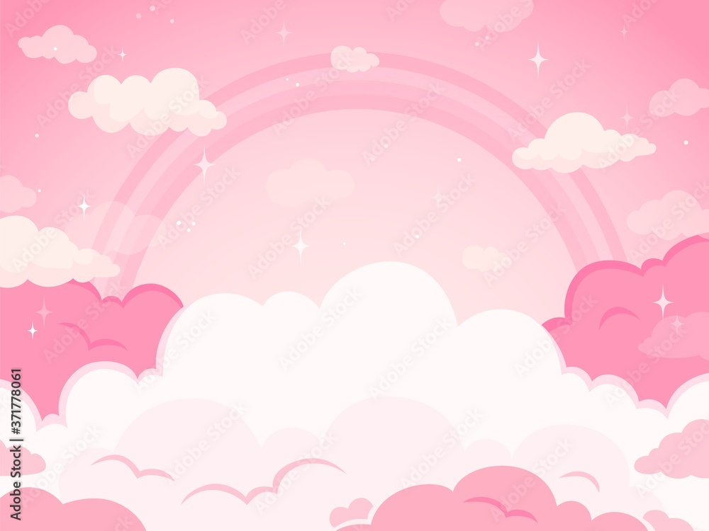 Pink fairytale sky background with stars and rainbow. White and pastel color clouds for imaginary world. Fantasy, magic beautiful land background, evening fabulous sky vector illustration