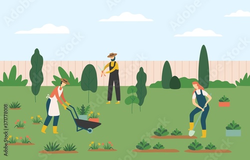 People gardening, woman and man farmers agricultural workers growing plants and flowers on lawn or backyard. Character pulling wheelbarrow with pots, man working with scissors vector illustration