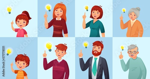People have solution, ideas lamp bulb metaphor. Girl and boy, teenagers, male and female office workers brainstorming, generating ideas. Old grandfather and grandmother vector illustration
