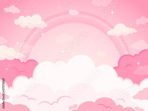 Pink fairytale sky background with stars and rainbow. White and pastel color clouds for imaginary world. Fantasy, magic beautiful land background, evening fabulous sky vector illustration