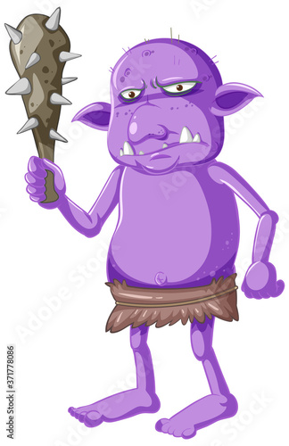 Purple goblin or troll holding hunting tool in cartoon character isolated