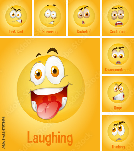 Set of different faces emoji with its description on yellow background
