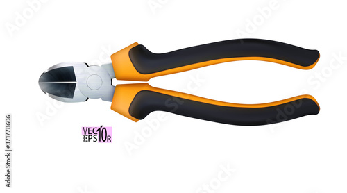 Realistic Wire cutters with rubber, plastic handles isolated on white background. For removing nails from wood. Modern carpenters hand tools for repair and construction. Vector illustration.