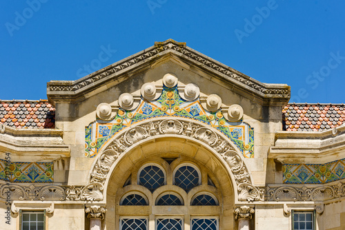 panel of Art Nouveau azulejos on the facade of a Portuguese residence in Lisbon, Portugal
