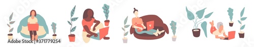 Big vector set with girls freelancers in hand drawn style.Clip art of people working at the computer in pink,blue brown color.Design for social networks, advertising, web, card.