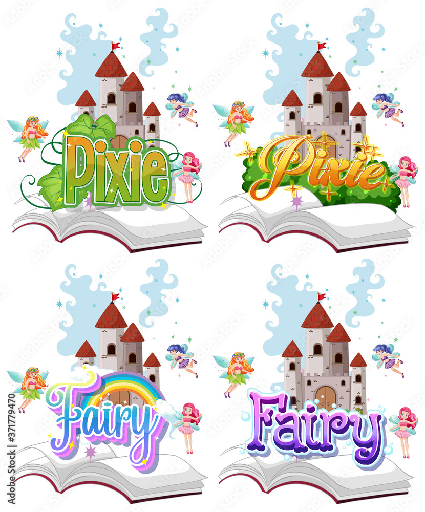 Set of fairy and pixie logo with little fairies on white background