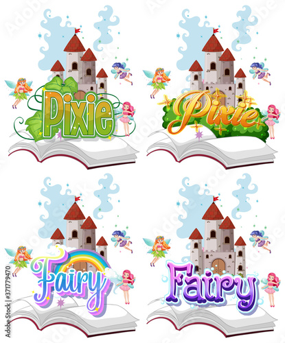Set of fairy and pixie logo with little fairies on white background