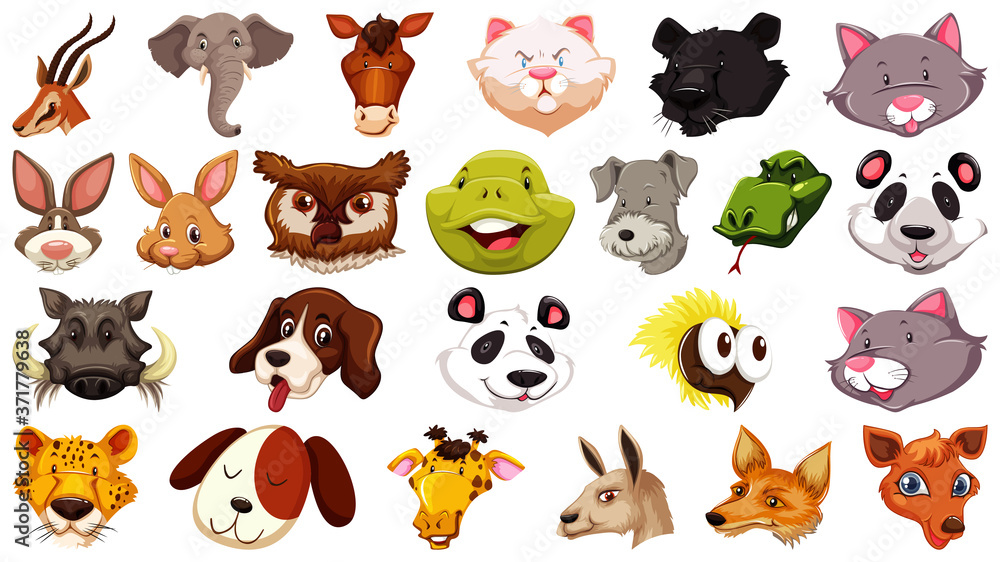 Set of different cute cartoon animals head huge isolated on white background Set of different cute cartoon animals head huge isolated on white background