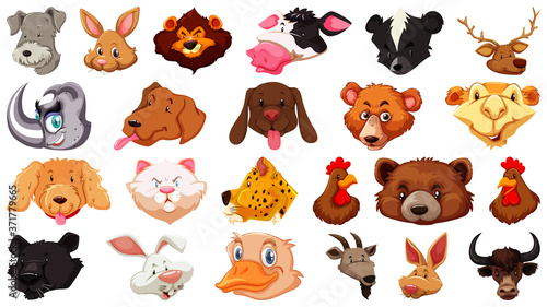 Set of different cute cartoon animals head huge isolated on white background