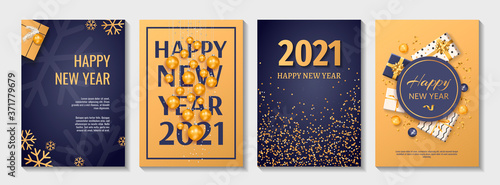 Set of Flyer, poster, banner, brochure design templates for Happy new year 2021. Blue and gold collors. Christmas balls, abstract christmas tree, snowflakes, gift boxes. Perfect for invitation, card.