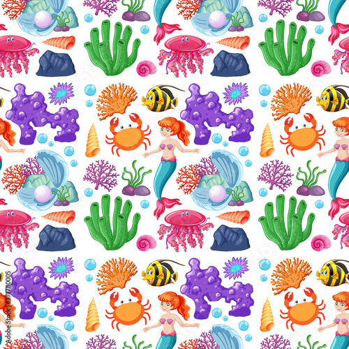 Seamless mermaid and sea animal cartoon character on white background