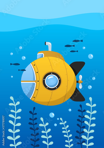 Yellow submarine undersea with fishes, underwater ship. Poster for baby room. Childish print for nursery. Design can be used for greeting card, invitation, baby shower. Vector illustration.
