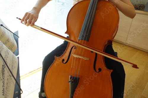 チェロを弾く若い女性 柔らかい光が射す部屋で woman playing the cello