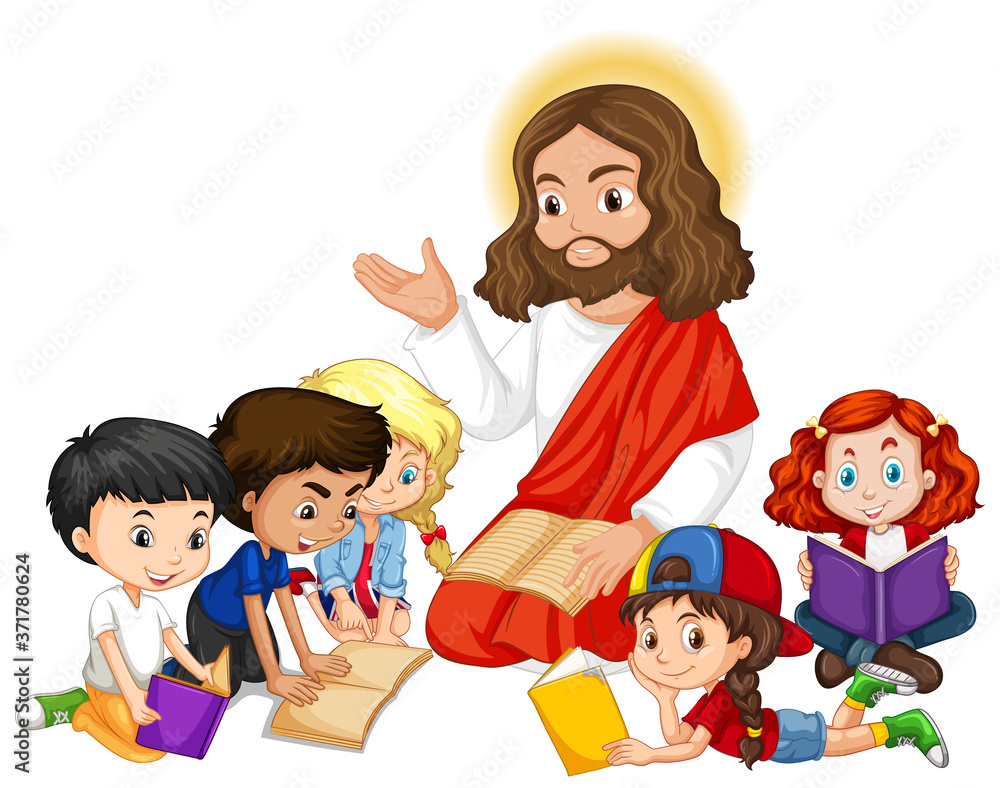Jesus preaching to a children group cartoon character Jesus preaching to a children group cartoon character