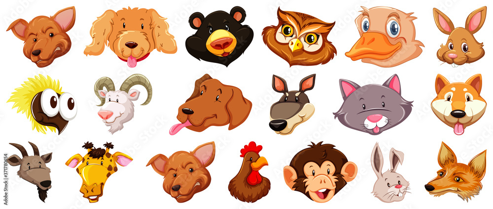Set of different cute cartoon animals head huge isolated on white background Set of different cute cartoon animals head huge isolated on white background