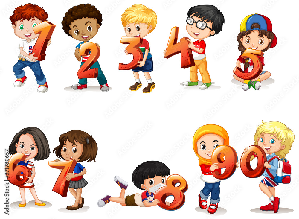 Set of different children holding math number Set of different children holding math number