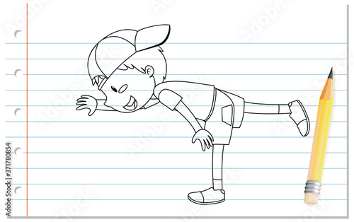 Hand writing of boy doing yoga outline