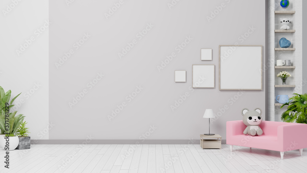 3d rendering interior cute style with doll, photo frame