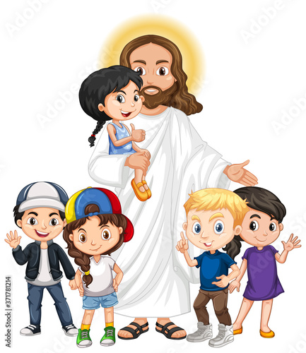 Jesus with a children group cartoon character